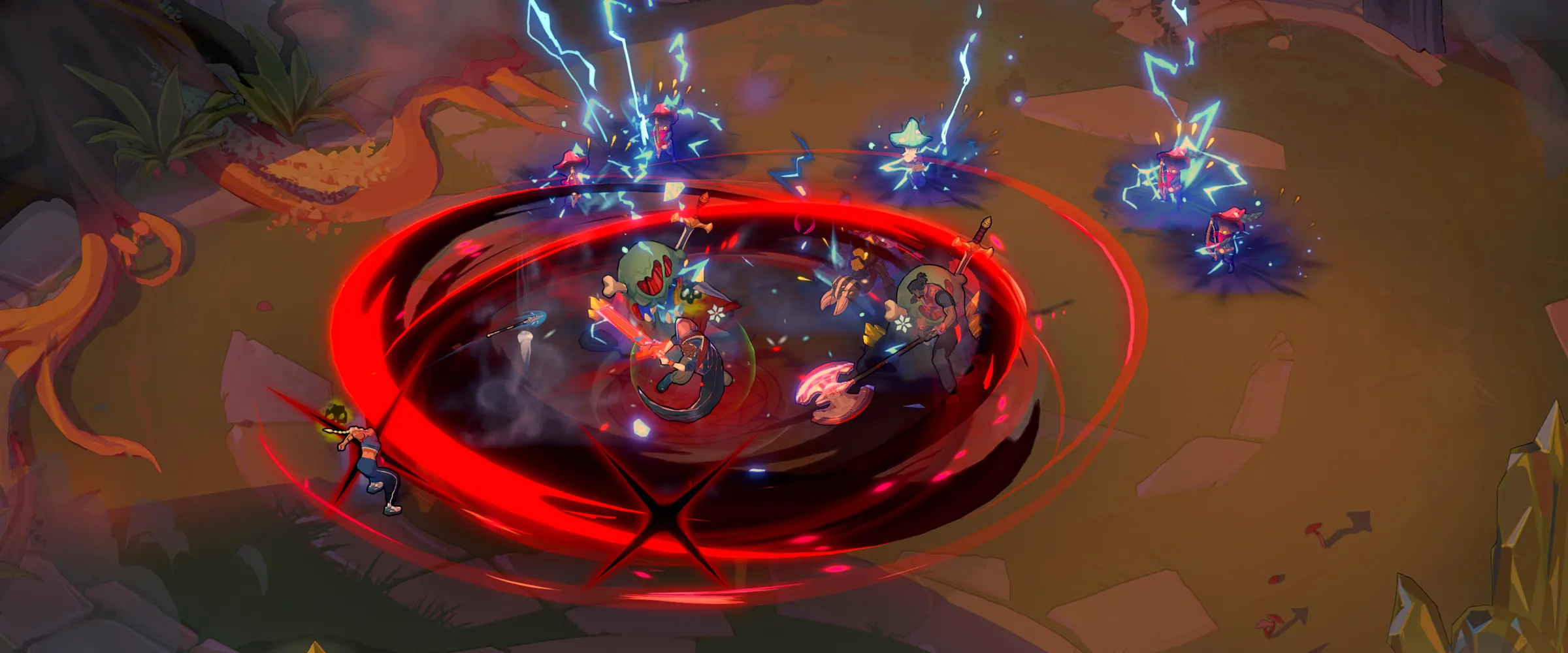 Guildrun gameplay: the heroes fight inside a red rift circle struck by lightning, on a forest battlefield